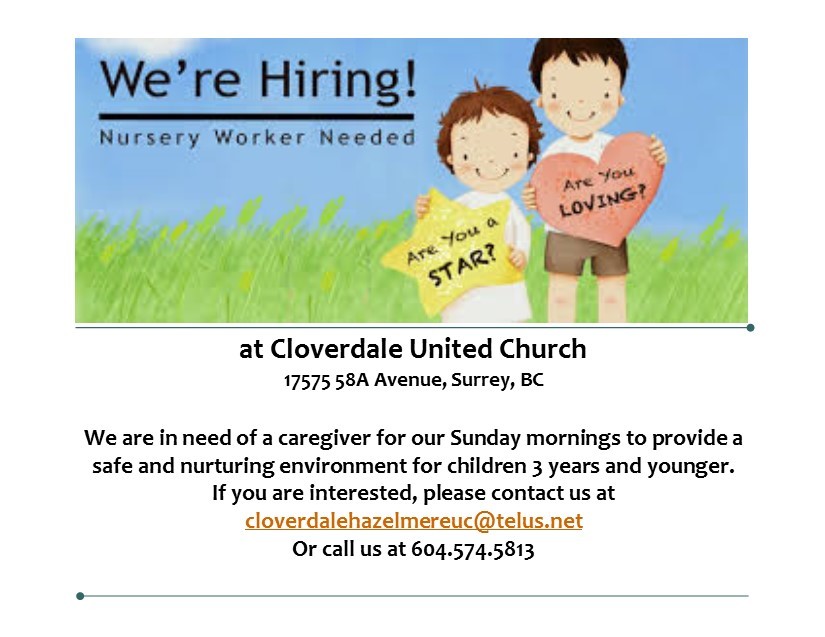Nursery Worker Needed Cloverdale United Church